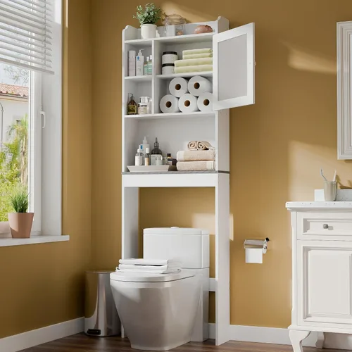 SUPER DEAL Over The Toilet Bathroom Storage Cabinet Freestanding Wooden Bathroom Organizer with Adjustable Shelves and Glass Door, White