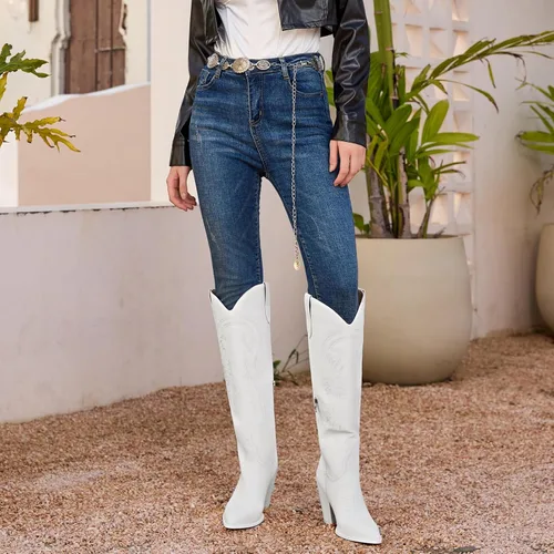 Vista 5 de ISNOM Botas vaqueras para mujer, botas altas hasta la rodilla, botas vaqueras bordadas con tacón grueso de bloque y puntera puntiaguda