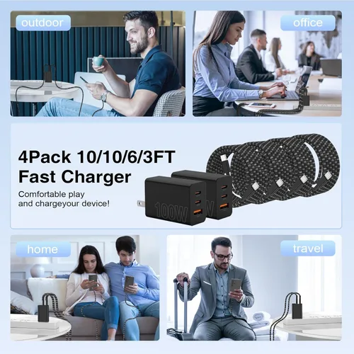 Vista 9 de Cargador súper rápido tipo C de 65 W para Samsung, 3 puertos 100 W PD carga rápida 3.0 USB C bloque y cable trenzado tipo C de 3/6/10/10 pies