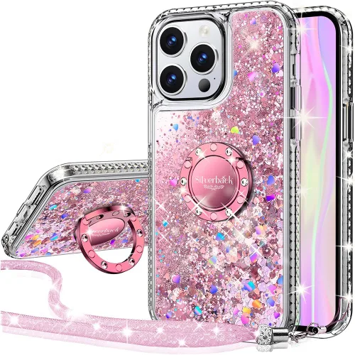 Vista 15 de Silverback Funda para iPhone 15, funda con purpurina holográfica líquida en movimiento con soporte, para niñas y mujeres, funda protectora