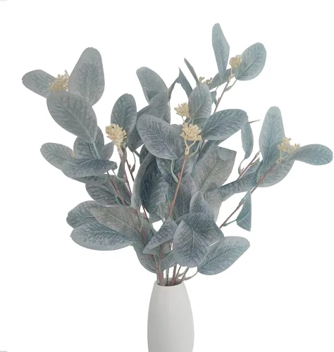 Vista 9 de 4 tallos de hojas de eucalipto artificiales, ramas de plantas de eucalipto sintético para relleno de jarrones, decoración del hogar, flores, arreglo