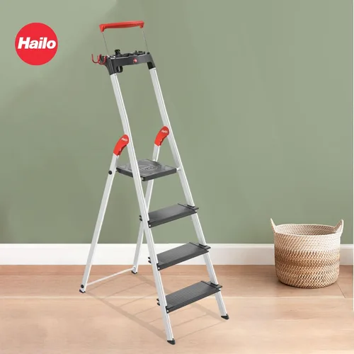 Vista 7 de Hailo L100 Topline - Escalera de aluminio de 4 escalones, carga de 330 libras, altura de 112.2 pulgadas, barra de seguridad extensible, plataforma
