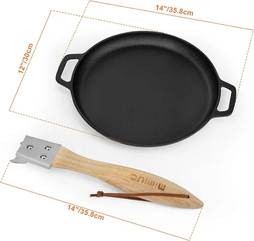 Vista 3 de Mimiuo Sartén de hierro fundido de 12 pulgadas con mango de madera extraíble, sartén redonda antiadherente para fajita para horno de pizza