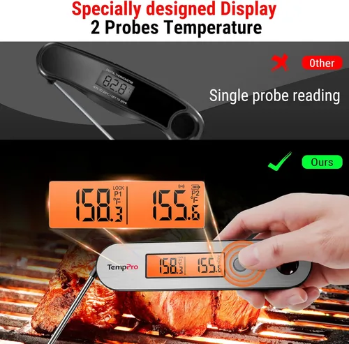 Vista 6 de TempPro TP610W - Termómetro recargable de lectura instantánea para cocinar, termómetro digital de acero inoxidable para carne, con alarma