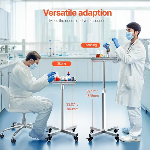 Vista 6 de VEVOR Mayo Stand, Bandeja Mayo de Acero Inoxidable, Capacidad de Carga hasta 36 libras, Altura Ajustable 31.9"-55", Bandeja Médica con Ruedas