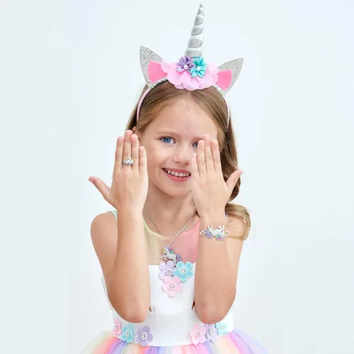 Vista 2 de Vestido de princesa unicornio para niñas pequeñas disfraz joyas y diadema