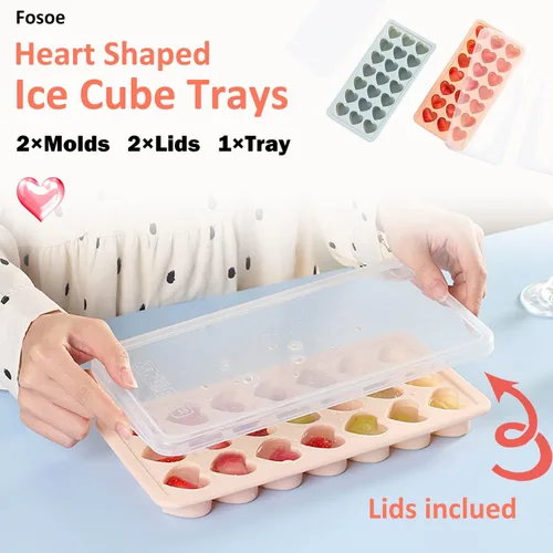 Vista 4 de Paquete de 2 bandejas de cubitos de hielo con tapa con forma de corazón, moldes de hielo en forma de corazón, moldes de silicona de 42 agujeros