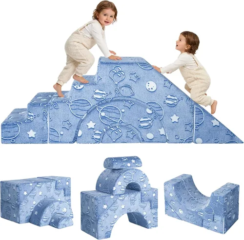 Vista 15 de MeMoreCool - Sofá modular para niños, sofá de espuma con diseño de tobogán y escalera, sofá convertible para niños para sala de juegos, mueble