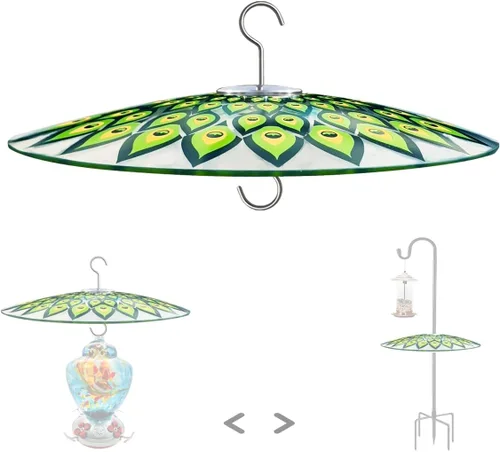 Vista 16 de Cubierta de lluvia de vidrio de 13 pulgadas para comedero de pájaros al aire libre - Deflector en poste de pastor o gancho en S para colgar - Cúpula