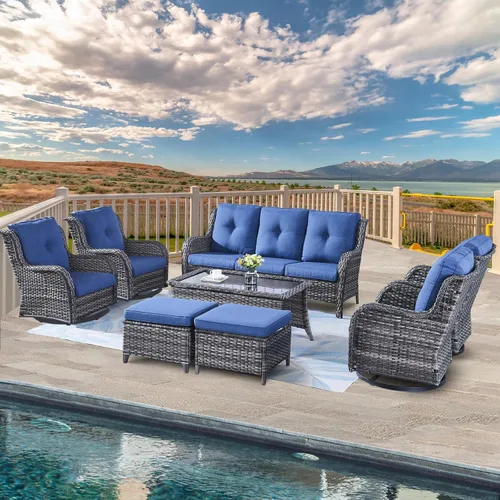 Vista 6 de Belord Mesa auxiliar pequeña para exteriores, mesa de mimbre de vidrio templado, mesa de centro impermeable para patio, mesa auxiliar de ratán