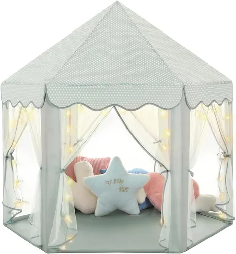 Vista 17 de Monobeach - Tienda de campaña estilo castillo de princesa para niñas - Casa de juegos grande de 55 x 53 pulgadas con luces de estrella