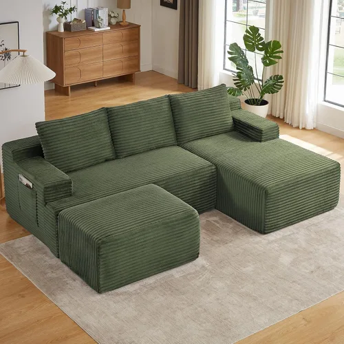 Vista 19 de Sofá modular Cloud de 95 pulgadas con otomana, moderno sofá nube en forma de U con asiento profundo, cómodo sofá de pana de 3 plazas, sofá de espuma