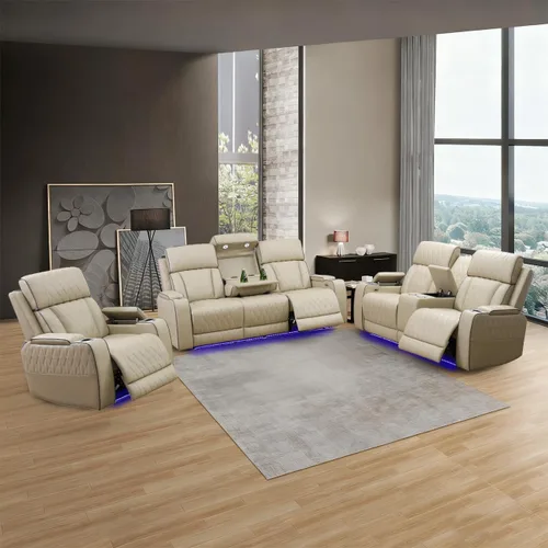 Vista 4 de Juego de sofá reclinable eléctrico para sala de estar, juego de sofá reclinable de pana con luces LED, puertos USB, almacenamiento oculto, juego