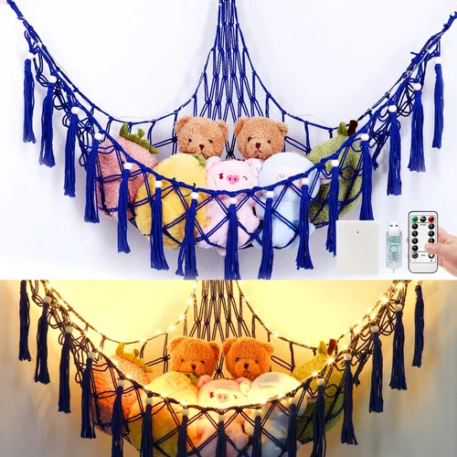 Vista 11 de Hamaca para Animales de Peluche con 75 LEDs, 20 Colores Blanco Cálido de 55 Pulgadas, Hamaca de Macramé de Almacenamiento Extra Grande con Control