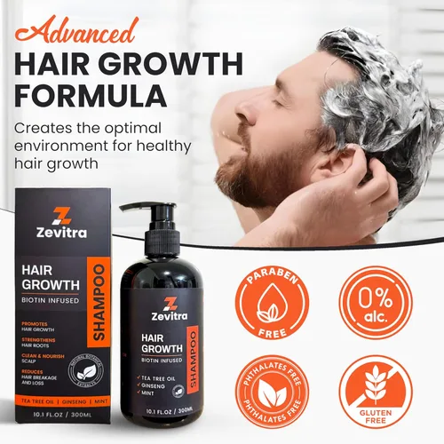 Vista 4 de Champú para el crecimiento del cabello, fórmula botánica natural con infusión de biotina con aceite de árbol de té, ginseng y menta para un cabello