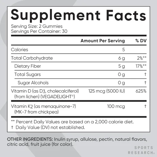 Vista 5 de Sports Research® Suplementos de gomitas veganas de vitamina D3 + K2 - 5000iu Vitamina D con 100 mcg de vitamina K Mk7 - Apoya la salud ósea e