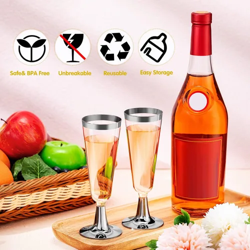 Vista 5 de Paquete de 150 copas de champán de plástico de 5 onzas, elegantes copas de champán desechables de plástico, copas de mimosa para bodas