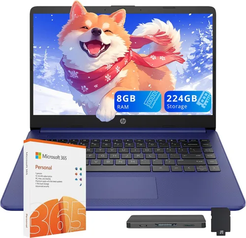 HP Stream 14″ HD Laptop for Students & Business, Intel Celeron Processor, 8GB RAM, 224GB Storage, UHD Graphics, 1 Year Office 365, 720p Webcam, Win