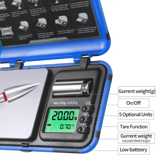 Vista 2 de Báscula de tiro con arco de doble unidad y pantalla HD, escala digital LCD de flechas de bolsillo, escala de 7.05 oz x 0.00 oz de gramos, mini