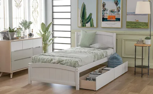 Vista 27 de Base de cama de plataforma individual con 3 cajones de almacenamiento, cama de madera tamaño individual con listones de soporte, marco de cama