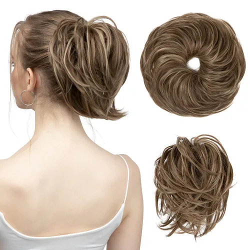 SarLa - 1 pieza de cabello sintético en forma de moño estilo rizado, recogido y desordenado, y con banda elástica para mujeres (destacado