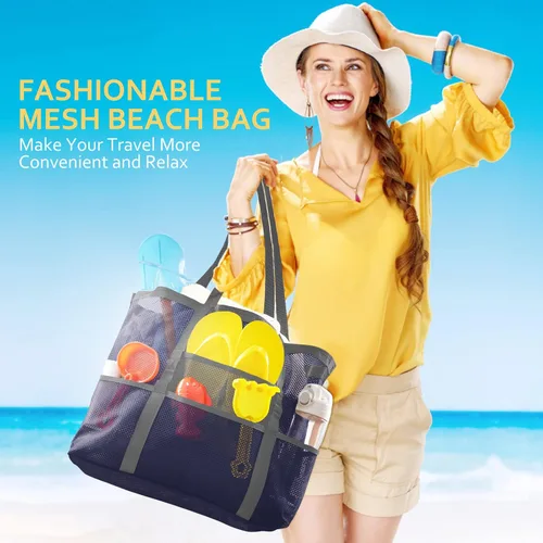 Vista 6 de SRISE Mesh Beach Bag - Large Beach Tote Bag for Family Beach Bag for Toys & Vacation Essentials