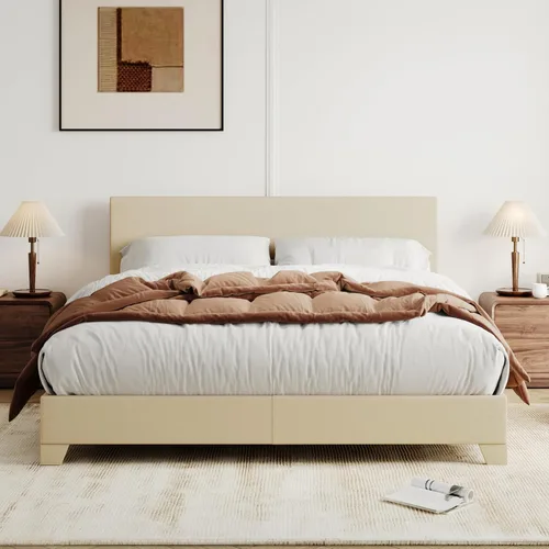 Vista 2 de Allewie Base de cama tamaño matrimonial con cabecera ajustable, cama tapizada con plataforma y listones de madera, base de colchón resistente,