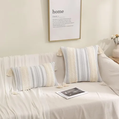 Vista 9 de decorUhome - Funda lumbar decorativa de estilo bohemio para cojín de sofá, cama o dormitorio, acento neutro con tejido copetudo, de 18 x 18