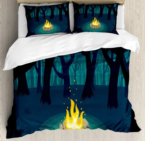 Ambesonne Happy Camper - Juego de funda de edredón, ilustración de dibujos animados de campamento solitario en el bosque por la noche, juego de ropa
