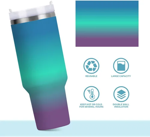 Vista 7 de JUNZAN Aurora Blue Green Purple Water Bottles With Handle Wide Mouth Vacuum Stainless 30 OZ Travel Coffee Mug Spill Proof with Straw Lid Men for