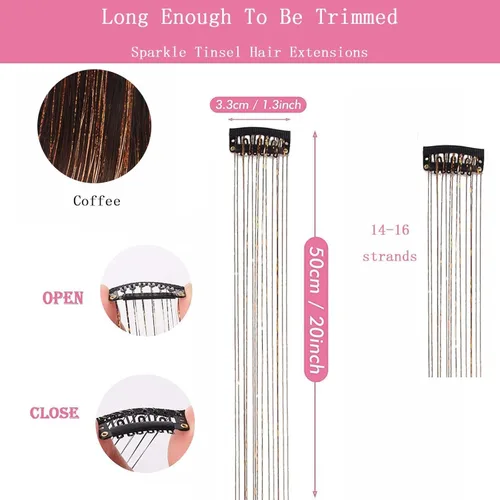 Vista 2 de Extensiones de cabello de oropel con clip, kit de oropel de cabello con purpurina para mujer, resistente al calor, 21.5 pulgadas, 6 piezas