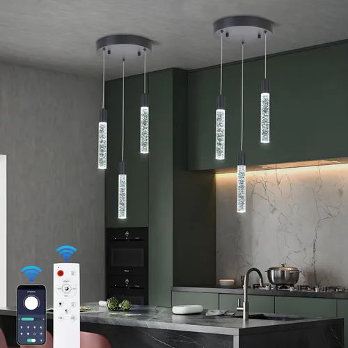 Vista 19 de Lámpara colgante de 3 luces LED para cocina, lámpara colgante de cilindro de burbujas de níquel cepillado con longitud ajustable para cocina, isla