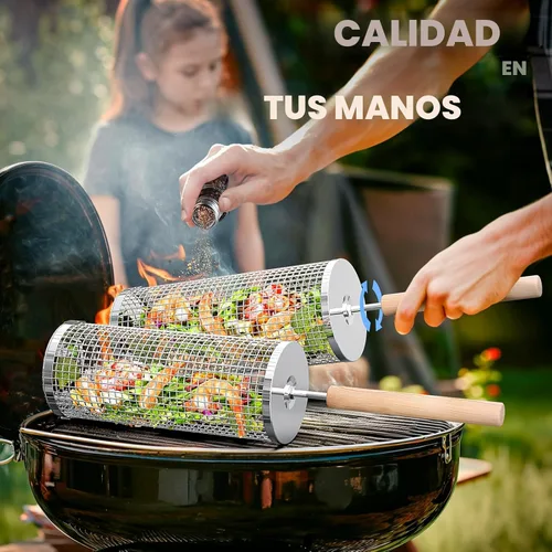 Vista 3 de Ivtivfu - Cesta de parrilla enrollable, mango de madera removible, acero inoxidable 304, herramientas de barbacoa anidadas, accesorios para ahumador