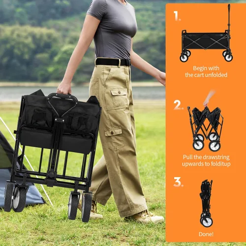Vista 4 de Carrito plegable para jardín Carro plegable para playa Carro de compras para playa Vagón plegable con ruedas todo terreno Carro de compras para Negro