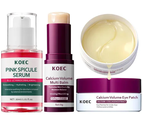 Barra de bálsamo múltiple de volumen de calcio + suero de espícula rosa + parches para los ojos 60ea, colágeno elastina refuerzo y tratamiento de