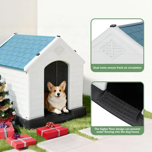 Vista 8 de Casa Grande de Plástico para Perros, Caseta para Perros Exterior Impermeable Doghouse Casas para Perros, Refugio para Cachorros Piso Elevado