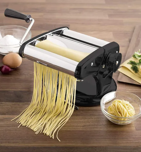 Vista 2 de Cestari Máquina de pasta de acero inoxidable, rodillo de 5.906 in con base de succión patentada para uso antideslizante, incluye cortador de pasta