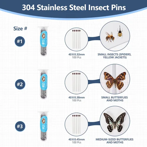 Vista 3 de 304 Alfileres de Acero Inoxidable para Insectos – 300 piezas Agujas de Especímenes de Entomología y 200 Agujas de Cuentas para Especímenes