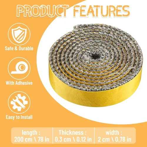 Vista 2 de Junta de repuesto para estufa de leña, cuerda de fibra de vidrio autoadhesiva de 78.7 pulgadas, sello de cinta de chimenea, junta de puerta