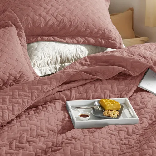 Vista 59 de Bedsure Colchas de tamaño Queen – Colchas ligeras tamaño Queen con patrón de tejido de canasta, ropa de cama suave, edredón de rosa polvorienta