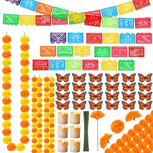 Vista 8 de Zeyune Juego de 236 piezas de decoración del Día de los Muertos, 100 caléndulas artificiales con tallo, 4 guirnaldas de caléndula, 24 mariposas