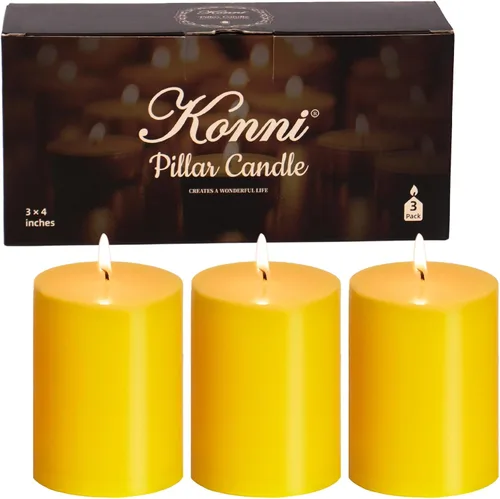 KONNI Juego de 3 velas de pilar amarillas sin perfume de 3 x 4 pulgadas, velas de 39 horas de combustión, velas redondas grandes sin humo y sin