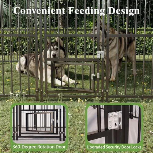 Vista 4 de Perrera grande para perros exterior de 10 x 10 pies, jaula resistente con puerta de alimentación, corrida de perro al aire libre con techo