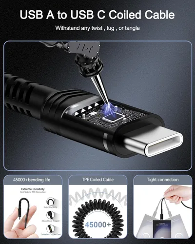 Vista 2 de Cable USB a USB C en espiral, cargador de teléfono de coche tipo C, cable de carga rápida para iPhone 17/16e/15 Pro Max/16 Pro/16 Plus/Galaxy/Pixel