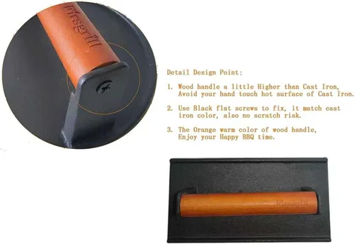 Vista 3 de Firsgrill Prensa para parrilla de hierro fundido resistente de 8.3"×4.3" y peso para bistec con mango de madera de agarre cómodo que no se calienta