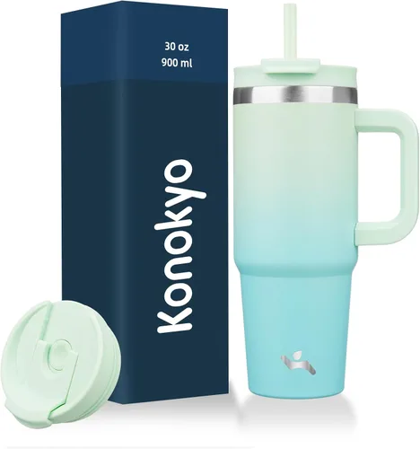 Vista 18 de Konokyo Vaso de 30 onzas con asa y 2 popotes, botella de agua aislada con tapa 2 en 1, taza de café de viaje de acero inoxidable, verde militar
