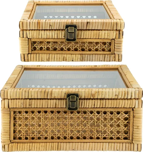 HUAXIN CRAFT H - Caja cuadrada de ratán con tapa - Juego de 2 contenedores decorativos de mimbre con cubierta de vidrio para exhibición