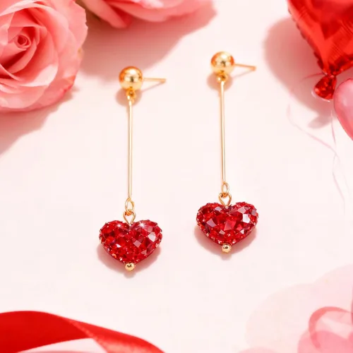 Vista 7 de Aretes de corazón rojo, regalos para el día de San Valentín para ella, aretes de corazón de amor con diamantes de imitación, aretes colgantes de San