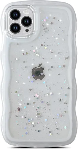 Vista 61 de Qokey para iPhone 14 Plus Funda de 6.7" con diseño de borde ondulado rizado, transparente, con purpurina, brillo, estrellas, brillante, lindo