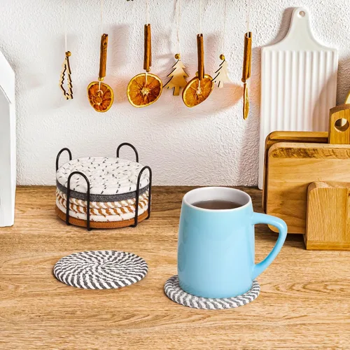 Vista 7 de Mckanti Posavasos de 8 estilos con soporte, posavasos absorbentes para mesa de café, juego de posavasos de algodón minimalista tejido